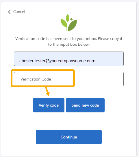 Reset login with yellow highlight around the Verification Code testbox with yellow highlight pointing down towards Verify code button,.